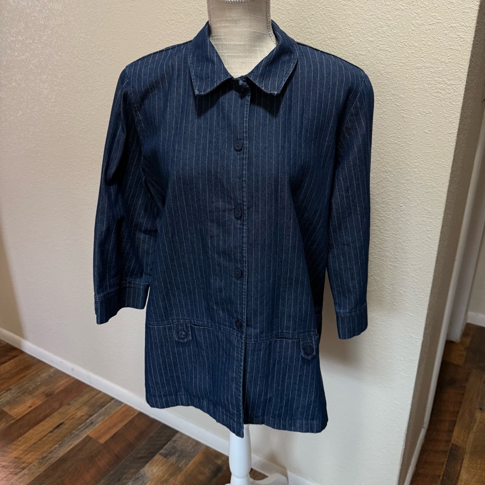Allison Daley Button Front 3/4 Sleeve Size 14 Denim Pinstripe Stretch Jacket